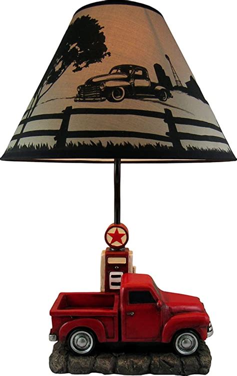 DWK - Big Red - Classic Vintage Pickup Truck with Gas Pump Table Lamp with Decorative Country Scene Shade Mechanic Garage Man Cave Den Bar Home Décor Accent Light, 20-inch