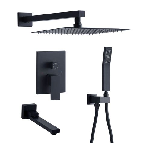 DoBrass Black Shower System with Tub Spout, Waterfall Shower Faucet Set Complete with Pre-embedded Valve, HandHeld Shower and 12-inch Shower Head, Wall Mounted
