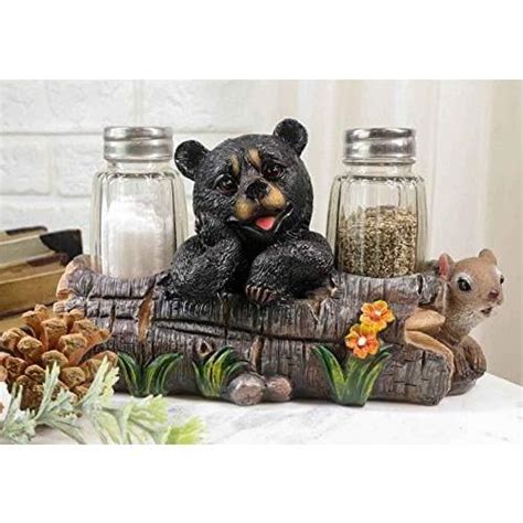 Ebros Black Baby Bear Cub Sitting In Log With Squirrel Salt And Pepper Shakers Holder Statue 6.75"Long Cabin Lodge Whimsical Bear Dining Table Centerpiece