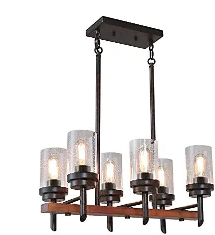 Up To 40% OFF Eumyviv 17802 6-Light Metal Wood Pendant Lamp with Seeded Glass Shade, Retro Rustic Chandelier Edison Vintage Decorative Ceiling Light Fixtures Hanging Light Luminaire