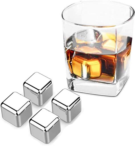 Guay Bebida Stainless Steel Chilling Ice Cubes with Pouch - Reusable Stone Chiller On the Rocks Cold Drinks for Whiskey, Scotch, Bourbon, Soda, Beer - Silver - Set of 8
