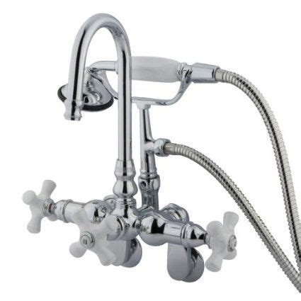 ✔ Kingston Brass CC308T1 Vintage Clawfoot Faucet Hi-Rise Spt Wall Mount H&C Porcelain Cross Handle, Polished Chrome