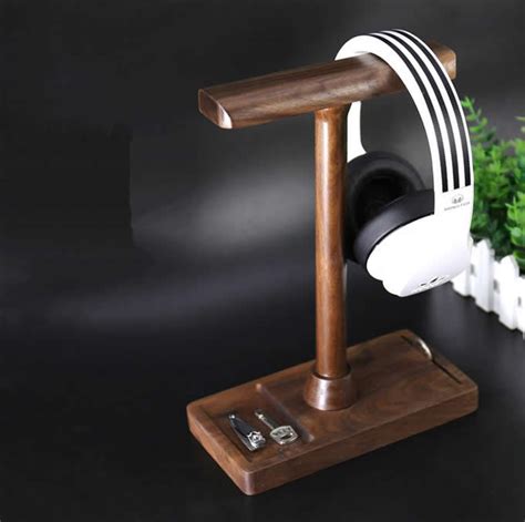 MR.Top Universal Wooden Headphone Stand Headset Holder with Cable Holder Wood Headset Hanger Gaming Headset Sturdy Desk Headphone Display Headset Mount Rack Tray for All
