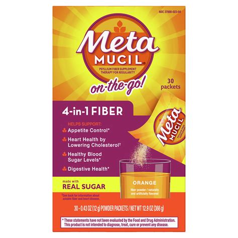 Metamucil On-the-Go, Psyllium Husk Fiber Supplement, 4-in-1 Fiber for Digestive Health, With Real Sugar, Orange Flavored, 30 packets (Pack of 2)