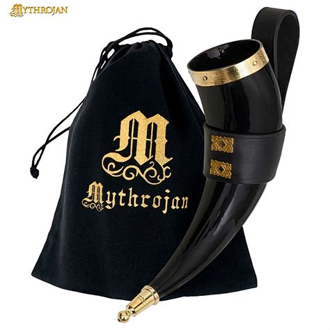 Greatest Product Mythrojan THE WEALTHY MERCHANT - Viking Drinking Horn with Black Leather holder Authentic Medieval Inspired Viking Wine/Mead Mug – Polished Finish
