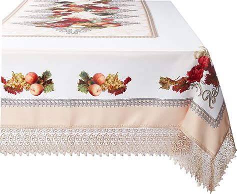 Best Promo Violet Linen Decorative Printed Fruttela Tablecloth With Lace Trimming, Ivory, 70" x 105"